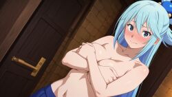 ai_generated aqua blue_eyes blue_hair breasts doggystyle female from_behind kono_subarashii_sekai_ni_shukufuku_wo! long_hair looking_at_viewer medium_breasts missionary nipples nude pussy sex solo spread_legs vaginal