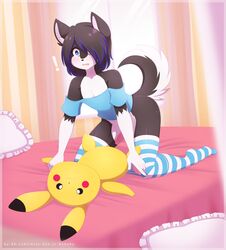 ! bed black_fur black_hair blue_hair blue_top bottomless canine clothed clothing crossdressing fur girly hair hair_over_eye husky inside kino_strife legwear male mammal multicolored_fur multicolored_hair nintendo panties panties_down penis pikachu pillow plushie pokemon re-sublimity-kun shirt shocked socks solo striped striped_legwear striped_panties striped_socks striped_thighhighs thighhighs two_tone_fur two_tone_hair underwear video_games white_fur