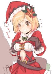 bow breasts center_opening christmas cleavage cleavage_cutout djeeta_(granblue_fantasy) dress female flower fur_trim granblue_fantasy hair_flower hair_ornament hat headgear highres nishimura_nike penis santa_costume santa_hat solo_focus sweatdrop text translation_request