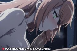 1boy 1girl ai ai_art ai_generated blush breasts completely_nude erection fellatio from_side green_eyes heart-shaped_pupils hetero kissing_penis long_hair medium_breasts night nipples nude oral orange_hair overlord pecorine_(princess_connect!) penis precum saliva solo_focus sweat symbol-shaped_pupils uncensored upper_body