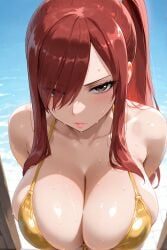 1girl ai_generated ass big_breasts bikini bleach blush breasts cleavage erza_scarlet fairy_tail female female_only focus from_below furiwif07 looking_at_viewer mature_female outdoors ponytail red_hair seductive seductive_look serious sex sexy standing sweat swimsuit wet wide_eyed wide_hips wide_thighs