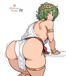 1boy 1femboy =_= ai_generated ancient_greek_clothes armlet bracelet choker closed_mouth femboy from_behind green_hair hair_over_one_eye laurel_crown leaning_forward male male_focus messy_hair oc plump solo solo_femboy solo_focus thick_ass thick_thighs thigh_strap thronart tongue waist_sash wide_hips