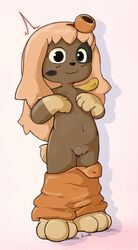 anthro canine clothed clothing dofus female ketsa lilotte looking_at_viewer mammal navel overalls pants_down partially_clothed pussy solo standing undressed young