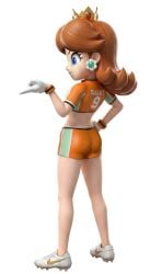 3d ai_generated ass ass_focus back bare_legs brown_hair crown energetic flipped_hair from_behind gloves huge_ass legs mario_(series) mario_strikers mario_strikers_(series) nintendo orange_shirt orange_shorts princess princess_daisy sassy sexy_body smile sneakers soccer_uniform super_mario_strikers tight_shorts tomboy uniform
