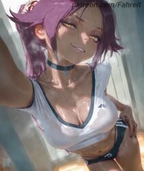 1girl 1girls ai_generated alternate_costume arm_up artist_name backlighting black_bra black_choker black_nails black_panties black_shorts bleach bleach:_the_thousand-year_blood_war blue_choker blue_shorts blurry_background blush bra bra_visible_through_clothes breasts breath buruma choker cleavage collarbone cowboy_shot crop_top cropped_shirt dark-skinned_female dark_skin depth_of_field dolphin_shorts double_vertical_stripe dripping dutch_angle exhausted eyelashes eyeshadow fahreit fingernails forehead foreshortening grin gym gym_shirt gym_shorts gym_uniform hair_ornament half-closed_eyes hand_on_own_hip hand_on_own_thigh head_tilt heavy_breathing highleg highleg_panties indoors large_breasts leaning_forward lips long_hair looking_at_viewer makeup medium_breasts micro_shorts midriff nail_polish naughty_face navel outstretched_arm panties panties_under_shorts panty_peek panty_straps parted_bangs parted_lips patreon patreon_username pendant_choker ponytail purple_hair purple_lips purple_nails raised_eyebrow reaching reaching_towards_viewer seductive_smile see-through see-through_shirt selfie shihouin_yoruichi shiny_skin shirt short_shorts short_sleeves shorts sidelocks signature smile smirk smug solo sports_bra sportswear stable_diffusion standing steam steaming_body stomach sweat sweaty_clothes tan taut_clothes taut_shirt teeth thigh_gap thighs thong toned underwear very_sweaty wet wet_clothes wet_hair wet_shirt white_shirt wooden_floor yellow_eyes yoruichi_shihouin