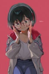1girl adjusting_eyewear black_hair blue_pants bob_cut breasts bright_pupils chill_with_you:_lo-fi_story closed_mouth collarbone commentary_request cowboy_shot cum cum_on_eyewear double-parted_bangs glasses grey_hairband grey_jacket hair_between_eyes hairband hands_up hans.b high-waist_pants jacket light_blush long_sleeves looking_at_viewer medium_hair multicolored_jacket paid_reward_available pants pink_background pink_jacket puffy_sleeves red-framed_eyewear satone_(chill_with_you) shirt sidelighting simple_background small_breasts smile solo steam subsurface_scattering translation_request variant_set white_pupils white_shirt