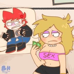 1boy 1boy1girl 1girl angry belly_exposed blonde_hair crop_top game_controller hips makeup male messy_hair money necklace oc old_art original_character original_characters panties prostitute prostitution red_hair sitting tired video_game whore
