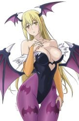 1girl aiz_wallenstein bat_wings blonde_hair bridal_gauntlets covered_navel danmachi darkstalkers large_breasts leotard long_hair looking_at_viewer morrigan_aensland morrigan_aensland_(cosplay) pantyhose simple_background solo tagme white_background wings yellow_eyes