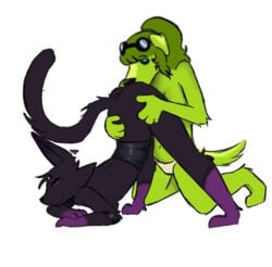 eating_pussy furry goggles_on_head green_fur green_hair hair_up lesbian oc original_character purple_fur white_panties