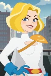 1girl ai ai_art ai_generated belt blonde_hair blue_eyes blue_gloves blue_sky breasts building cape city cityscape cleavage cleavage_cutout clothing_cutout cloud day dc_comics gloves grin hand_on_own_hip leotard lips lipstick looking_at_viewer medium_breasts outdoors red_belt red_lips short_hair sky smile solo white_cape white_leotard