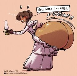 ? ass_expansion ass_in_dress blush brown_hair candle clenched_teeth dark_skin dress female female_only gigantic_ass massive_ass pink_background purple_dress short_hair surprised tail-blazer torn_dress