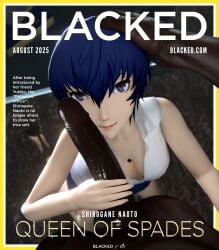 1boy 1boy1girl 1girls blacked blue_hair cleavage clothed_female clothing cock_on_face crunchypachy dark-skinned_male hand_on_head imminent_oral large_penis persona persona_4 queen_of_spades shirogane_naoto short_hair spade_necklace
