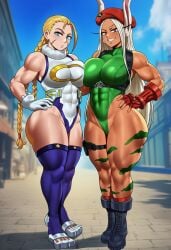 2girls abs ai_generated ass big_ass big_breasts big_butt blonde_female blonde_hair body_paint boobs boobs_bigger_than_head breasts breasts_bigger_than_head bunny_ears bunny_tail butt cammy_white cammy_white_(cosplay) crescent_print crossover dark-skinned_female dark_skin female female/female female_focus female_only fur_collar green_leotard highleg_leotard leotard light-skinned_female light_skin long_hair looking_at_viewer miruko miruko_(cosplay) muscles muscular muscular_female red_beret rumi_usagiyama sleeveless_turtleneck_leotard street_fighter take_your_pick taut_leotard twin_braids white_gloves white_hair