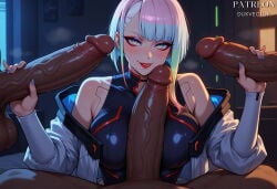 1girl 3boys ai_generated artist_name bangs bare_shoulders blue_nails blush bodysuit breasts closed_mouth clothing cyberpunk:_edgerunners cyborg dark-skinned_male dark_skin double_handjob duxvector erection eyeliner female gangbang group_sex handjob hetero huge_penis interracial jacket large_breasts large_penis leotard long_sleeves looking_at_viewer lucy_(cyberpunk) lucyna_kushinada makeup male multicolored_eyes multicolored_hair multiple_boys off-shoulder_jacket off_shoulder open_clothes open_jacket paizuri parted_bangs patreon_username penis precum red_eyeliner red_lips short_hair smile solo_focus surrounded_by_penises sweat testicles tongue tongue_out veins veiny_penis white_hair white_jacket