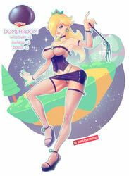 1girls blonde_hair blue_eyes breasts choker crown dominatrix domshroom earrings female female_only fishnet hoop_earrings human large_breasts long_hair mario_(series) nintendo princess_rosalina pussy skirt solo standing super_mario_galaxy supersatanson thighhighs thong wand whale_tail