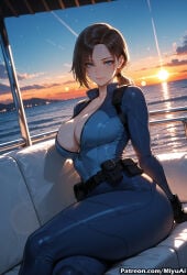 1girl ai_assisted ai_generated artist_name bangs belt black_hair blue_eyes bodysuit breasts brown_hair cleavage cloud curvaceous curvy curvy_female curvy_figure female gloves jill_valentine large_breasts looking_at_viewer miyuai outdoors resident_evil short_hair sitting sky smile solo sunset thick thick_ass thick_butt thick_hips thick_legs thick_thighs voluptuous voluptuous_female wide_hips wide_thighs