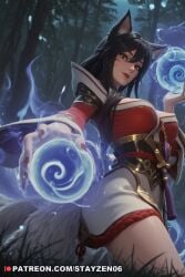 1girl ahri_(league_of_legends) ai ai_art ai_generated animal_ears black_hair breasts cleavage closed_mouth energy_ball facial_mark fingernails forest fox_ears fox_girl fox_tail grass hair_between_eyes hitodama kitsune large_breasts league_of_legends lips long_fingernails long_hair long_sleeves looking_at_viewer magic multiple_tails nail_polish nature night orb outdoors red_lips red_nails sharp_fingernails slit_pupils smile solo spirit tail tree whisker_markings yellow_eyes