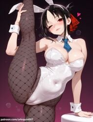 1girl ;) ai_generated alternate_costume animal_ears arlequin097 arm_support bare_shoulders black_hair black_pantyhose blue_necktie blush breasts brown_pantyhose cameltoe cleavage closed_mouth collarbone covered_navel detached_collar fake_animal_ears fishnet_pantyhose fishnets folded_ponytail gradient_background hair_ribbon heart highleg highleg_leotard kaguya-sama_wa_kokurasetai_~tensai-tachi_no_renai_zunousen~ kneepits large_breasts leg_lift leg_up leotard lips looking_at_viewer necktie one_eye_closed pantyhose parted_bangs playboy_bunny rabbit_ears red_eyes red_ribbon ribbon shinomiya_kaguya short_hair short_necktie sidelocks smile solo split standing standing_on_one_leg standing_split steaming_body strapless strapless_leotard sweat thighs white_leotard white_wrist_cuffs wrist_cuffs