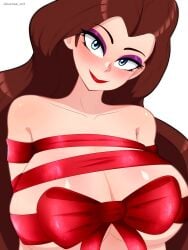 1girl akutosai_art arms_behind_back artist_name blue_eyes blush breasts brown_hair cleavage collarbone large_breasts lips long_hair looking_at_viewer makeup mario_(series) naked_ribbon nintendo pauline_(mario) red_ribbon ribbon smile solo upper_body
