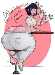 1girls angel ass azazel_(helltaker) big_ass black_hair blue_eyes blush breasts dagothurfanclub english_text gloves hair_ribbon halo helltaker high_heels huge_ass large_breasts looking_at_viewer looking_back pants ribbon short_hair solo sweat thick_thighs thighs white_gloves