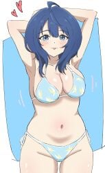 1girls armpits arms_behind_head big_breasts bikini blue_bikini blue_eyes blue_hair blush breasts busty child_bearing_hips cleavage female female_only heart highres large_breasts legs looking_at_viewer make_heroine_ga_oo_sugiru! medium_hair navel pose posing sensual sexy sexy_armpits sexy_pose side-tie_bikini_bottom smile solo swimsuit thick_thighs thighs tongue tongue_out voluptuous yanami_anna