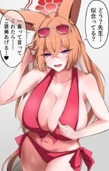 1girls absurdres animal_ears bikini blue_archive breasts crossed_bangs eyewear_on_head female fox_ears fox_girl front-tie_bikini_top front-tie_top halo heart highres huge_breasts long_hair navel official_alternate_costume purple_eyes red_bikini red_halo rumi_(blue_archive) shijio_(gg2786) side-tie_bikini_bottom solo speech_bubble spoken_heart sunglasses swimsuit translation_request very_long_hair