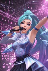 1girl :d ai ai_art ai_generated arm_up armpits asymmetrical_bangs belt black_skirt blue_eyes blue_hair breasts earrings green_hair heart holding holding_microphone idol jewelry k/da_(league_of_legends) league_of_legends long_hair looking_at_viewer medium_breasts microphone official_alternate_costume official_alternate_hairstyle open_mouth pleated_skirt ponytail skirt smile solo teeth upper_teeth_only