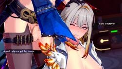 angry angry_face dialogue dickgirl futanari galbrena_(wuthering_waves) hand_on_head official_alternate_color partially_clothed penis penis_on_face rubbing_penis selfcest veliarts wuthering_waves