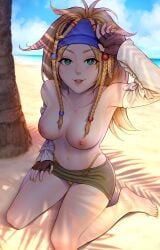 1girls blonde_hair breasts female female_only final_fantasy final_fantasy_x-2 green_eyes looking_at_viewer mystra77 nipples outdoors outside rikku solo solo_female