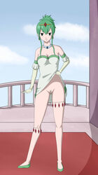 1girls clothed dmiller22_(artist) dress earrings fairy_tail female female_only green_hair hisui_e._fiore jewelry looking_at_viewer princess pussy smile solo standing stripping