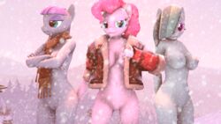 3d 3girls anthro anthrofied bottomless breasts cleavage clothed clothes crossed_arms dashie116 earth_pony equine female friendship_is_magic hair_over_eye horse large_breasts looking_at_viewer mammal marble_pie_(mlp) maud_pie maud_pie_(mlp) multiple_females my_little_pony nipples nude open_jacket outdoors pinkie_pie_(mlp) pony pussy scarf snow straight_hair