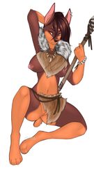 amber_eyes anus brown_hair canine canine chocoteenie clothed clothing cosplay doberman far_cry female hair half-closed_eyes hand_behind_head looking_at_viewer mammal melee_weapon navel nipple_piercing nipples no_underwear piercing polearm pussy simple_background sitting skimpy solo spear tami_(poonani) tribal weapon white_background