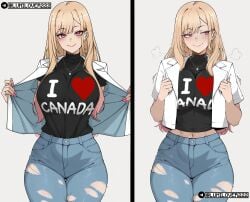 ai_generated black_shirt blush hands_on_breasts hips i_love_anal kitagawa_marin large_breasts looking_at_side looking_at_viewer lumilover222 marin_kitagawa navel pink_eyes print_shirt simple_background smile sono_bisque_doll_wa_koi_wo_suru thick_thighs thighs tight_clothing tight_shirt torn_jeans