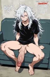1boy accurate_art_style ai_generated black_shirt boku_no_hero_academia bottomless bottomless_male character_request huge_cock legs_apart long_hair massive_balls massive_penis messy_hair my_hero_academia original_character powers quirk_(mha) red_eyes sitting sitting_on_couch smirking_at_viewer veiny_penis white_hair