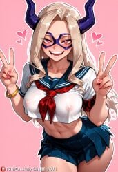 1girl :d ai_generated armband blonde_hair blue_sailor_collar blue_skirt blush bracelet breasts carminroux collarbone covered_nipples crop_top cropped_shirt domino_mask double_v eye_mask heart heart-shaped_pupils horns jewelry large_breasts long_hair looking_at_viewer mask midriff miniskirt mount_lady my_hero_academia nail_polish navel neckerchief nipples no_bra open_mouth patreon_logo patreon_username pink_background pink_eyes pink_nails pleated_skirt red_eyes sailor_collar school_uniform see-through serafuku shirt short_sleeves simple_background skirt smile solo stomach symbol-shaped_pupils teeth thighs v white_shirt