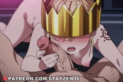 1boy 1girl ai ai_art ai_generated all_fours arm_tattoo blonde_hair blurry blurry_background blush breasts cheek_press completely_nude covered_eyes crown enen_no_shouboutai erection facing_viewer hetero large_breasts nipples nude open_mouth penis penis_on_face pov pov_crotch shoulder_tattoo sweat tattoo teeth uncensored veins veiny_penis