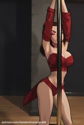 ai_generated animated avatar_the_last_airbender azula bare_shoulders black_hair blush breasts brown_eyes brown_hair cleavage collar collarbone female freckles goldencharacters large_breasts lips looking_at_viewer mole mole_on_breast off-shoulder_shirt off_shoulder patreon_username pole pole_dancing red_collar shirt smile solo stripper stripper_pole tagme upper_body video