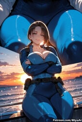 1girl ai_assisted ai_generated arms_under_breasts artist_name bangs belt black_hair blue_eyes bodysuit breast_hold breasts brown_hair cleavage collarbone crossed_arms curvaceous curvy curvy_female curvy_figure female gloves holster jill_valentine large_breasts lips looking_at_viewer miyuai parted_lips ponytail resident_evil shiny short_hair smile solo standing sunset thick thick_ass thick_butt thick_hips thick_legs thick_thighs voluptuous voluptuous_female wide_hips wide_thighs
