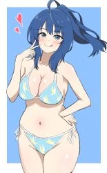 1girls ahoge alternate_hairstyle bare_shoulders big_breasts bikini blue_background blue_bikini blue_eyes blue_hair blush border breasts busty cleavage collarbone cowboy_shot female female_only hand_on_hip heart highres large_breasts legs looking_at_viewer make_heroine_ga_oo_sugiru! medium_hair navel open_mouth ponytail pose posing side-tie_bikini_bottom simple_background smile solo swimsuit thick_thighs thighs tongue tongue_out v white_border yanami_anna