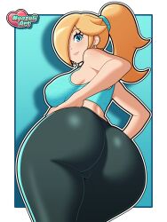 ass ass_crack ass_focus back blonde_hair blue_eyes breasts gym_clothes hair_over_one_eye hair_tie hands_on_hips hips hips_wider_than_shoulders large_ass large_breasts looking_at_viewer looking_back mario_(series) nipple_bulge nipples nyazuliart pink_lipstick ponytail princess_rosalina sideboob sports_bra thick_thighs thighs thighs_bigger_than_head tight_clothing tight_pants wide_hips workout workout_clothes yoga_pants