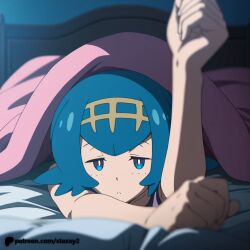 1boy 1girl assertive_female blue_eyes blue_hair breasts collarbone completely_nude cowgirl_position girl_on_top hairband hetero indoors lana_(pokemon) looking_at_viewer navel nipples nude open_mouth petite pokemon pokemon_sm pokemon_sun_and_moon pov pussy sex short_hair small_breasts smile spread_legs squatting_cowgirl_position straddling thighs vaginal