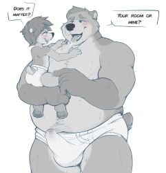 2boys age_difference artist_request bear blush bulge_through_clothing bulge_under_clothes chubby cub dialogue erection erection_under_clothes father_and_son fear furry gay incest kiss male male/male male_only mature_male saliva_trail size_difference smaller_male text underwear young