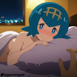 1boy 1girl assertive_female blue_eyes blue_hair breasts collarbone completely_nude cowgirl_position girl_on_top hairband hetero indoors lana_(pokemon) looking_at_viewer navel nipples nude open_mouth petite pokemon pokemon_sm pokemon_sun_and_moon pov pussy sex short_hair small_breasts smile spread_legs squatting_cowgirl_position staxxy staxxy2 straddling thighs vaginal