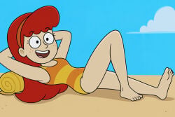 ai-created ai_generated armpits bare_legs barefoot bea_goldfishberg beach disney disney_channel feet fish_hooks freckles hairband humanization humanized leg_up legs leotard lying ocean on_model one-piece_swimsuit orange_hairband orange_stripes orange_swimsuit ponytail pretty_face pretty_girl red_hair sand sea sexy sexy_body smile striped_one-piece_swimsuit striped_swimsuit swimsuit teen teen_girl teenage teenage_girl teenager toes yellow_stripes yellow_swimsuit