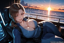 1girl ai_assisted ai_generated backpack bangs belt blue_eyes bodysuit breasts brown_hair car cleavage collarbone curvaceous curvy curvy_female curvy_figure female grin ground_vehicle jill_valentine large_breasts lens_flare long_hair looking_at_viewer lying miyuai motor_vehicle ponytail resident_evil smile solo sunset thick thick_ass thick_butt thick_hips thick_legs thick_thighs voluptuous voluptuous_female wide_hips wide_thighs
