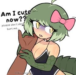1boy 1female 1girls 2d_(artwork) 2d_artwork asking clevage color crocodile crocodile_girl cute cute_face cute_female cute_girl dark-skinned_male dark_skin digital_drawing digital_drawing_(artwork) digital_media digital_media_(artwork) female green_hair hand_on_head hira.shotgun light-skinned_female light_skin looking_at_viewer no_background no_sex non_sexual offscreen_character original_character scales short_hair swimsuit tear tears teary_eyes text
