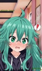 1girl black_hoodie blush close-up date_a_live dulcenekoemilia green_eyes green_hair hooded_sweater hoodie izayoi_miku kyouno_natsumi long_hair looking_at_viewer open_mouth oversized_hoodie portrait shocked solo surprised sweat sweatdrop wide-eyed