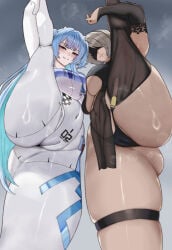 2b_(nier:automata) 2girls absurdres animal_ear_headphones animal_ears armpits arms_up armwear ass ass_focus belly belly_button big_ass big_breasts black_bridal_gauntlets black_hairband black_one-piece_swimsuit black_panties black_thong blindfold blue_eyes blue_hair blush blushing bodysuit breasts bridal_gauntlets cameltoe cat_ear_headphones cat_ears collar collarbone commentary covered_eyes english_commentary fake_animal_ears female female_focus female_only gluteal_fold goddess_of_victory:_nikke hairband headphones highres hips hips_wider_than_shoulders huge_ass huge_breasts imminent_sex inner_sideboob ja-akuna legs_up long_hair looking_at_viewer looking_down mekami_shifty_(nikke) mole mole_under_mouth multicolored_bodysuit navel nier:_automata nier:automata nier_(series) one-piece_swimsuit panties pelvic_curtain pussy see-through_clothes see-through_pelvic_curtain short_hair short_twintails showing_off sideboob single_thighhigh smile smiling split standing standing_on_one_leg standing_split swimsuit thick_thighs thigh_strap thighhighs thighs thong transparent_clothing twintails underboob viewed_from_below white_bodysuit white_hair yorha_2b