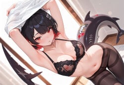 ai_generated armpits arms_up black_hair bra cleavage ear_piercing ellen_joe fish_tail from_above hair_ornament looking_at_viewer medium_breasts milfhunter228 multicolored_hair navel pantyhose red_eyes see-through_bra shark_girl shark_tail shiny_skin short_hair solo_female standing tail undressing zenless_zone_zero