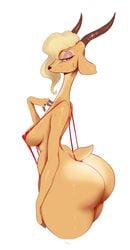 antelope anthro ass big_ass big_butt bikini blonde_hair breasts brown_eyes covered_nipples cropped_legs disney eyeshadow female fur furry furry_only gazelle gazelle_(zootopia) hair hair_over_one_eye horns huge_ass large_breasts looking_at_viewer makeup mammal sideboob simple_background sling_bikini solo sunnysundown sweat swimsuit tail tan_fur thick_thighs white_background wide_hips zootopia